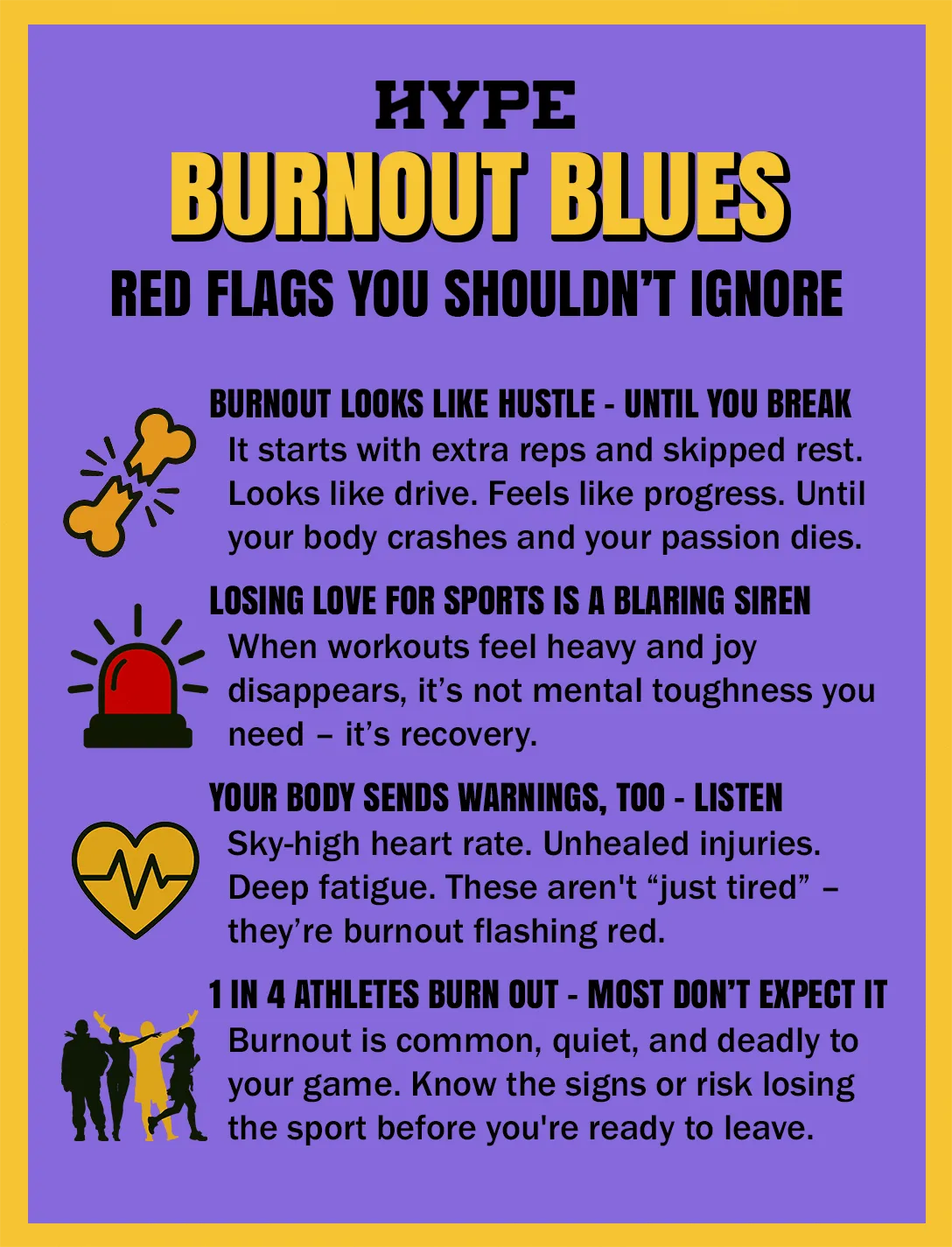 What burnout is and warning signs athletes should heed. Burnout looks like hustle – until you break. It starts with extra reps and skipped rest. Looks like drive. Feels like progress. Until your body crashes and your passion dies. Losing love for sports is a blaring siren. When workouts feel heavy and joy disappears, it’s not mental toughness you need – it’s recovery. Your body sends warnings, too – listen. Sky-high heart rate. Unhealed injuries. Deep fatigue. These aren’t “just tired” – they’re burnout flashing red. 1 in 4 athletes burn out – most don’t expect it. Burnout is common, quiet, and deadly to your game. Know the signs or risk losing the sport before you’re ready to leave.