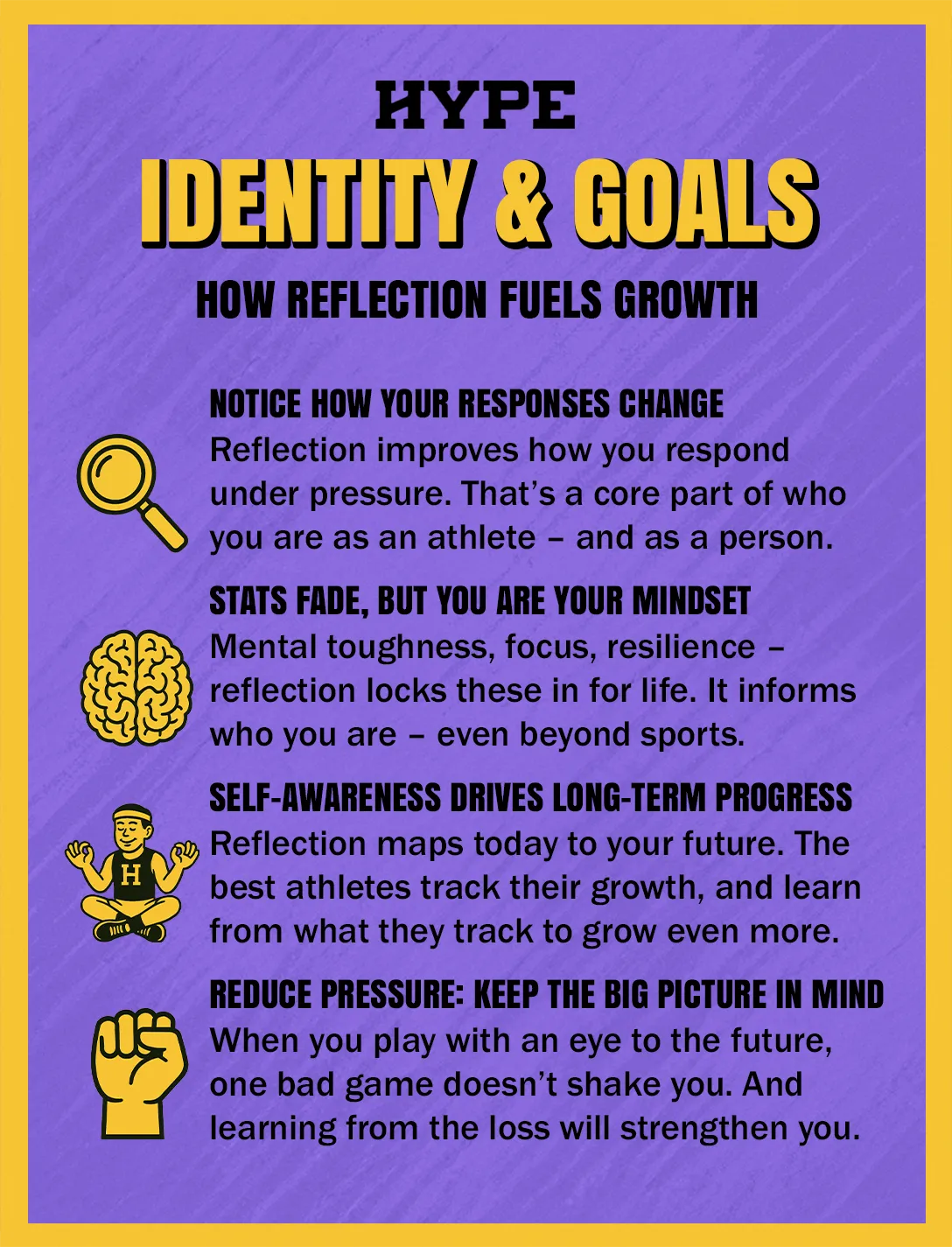 How reflection fuels athletic growth and strengthens identity: How you respond is part of who you are. Reflection improves how you respond under pressure. That’s a core part of who you are as an athlete – and as a person. Stats fade, but you are your mindset. Mental toughness, focus, resilience – reflection locks these in for life. It informs who you are – even beyond sports. Self-awareness drives long-term progress. Reflection maps today to your future. The best athletes track their growth, and learn from what they track to grow even more. Keeping the big picture in mind reduces pressure. When you play with an eye to the future, one bad game doesn’t shake you. And learning from the loss will strengthen you.