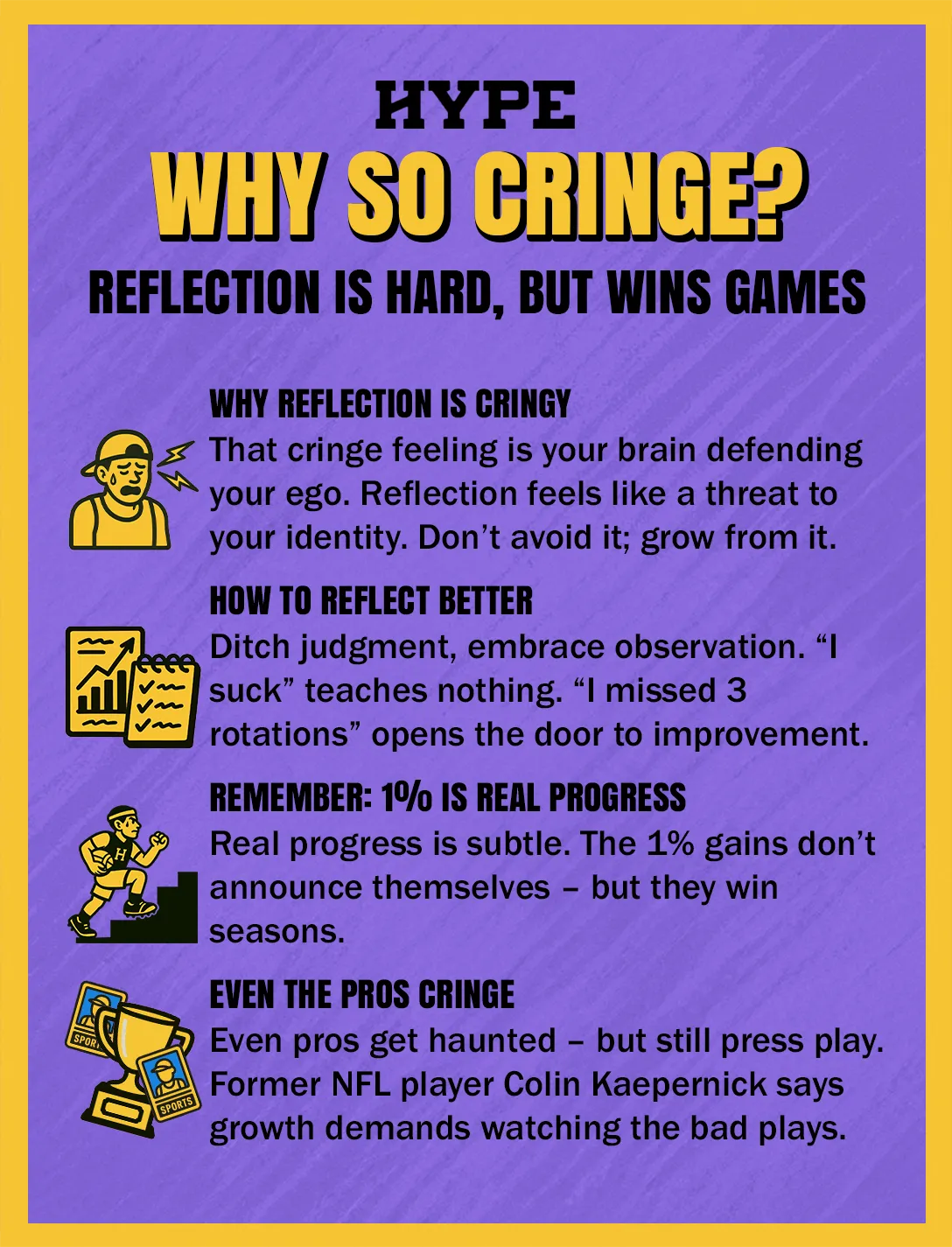 Why reflection is hard, but wins games. Why reflection is cringy: That cringe feeling is your brain defending your ego. Reflection feels like a threat to your identity. Don’t avoid it; grow from it. How to reflect better: Ditch judgment, embrace observation. “I suck” teaches nothing. “I missed 3 rotations” opens the door to improvement. Remember that 1% is real progress: Real progress is subtle. The 1% gains don’t announce themselves – but they win seasons. Even the pros cringe: Even pros get haunted – but still press play. Former NFL player Colin Kaepernick says growth demands watching the bad plays.