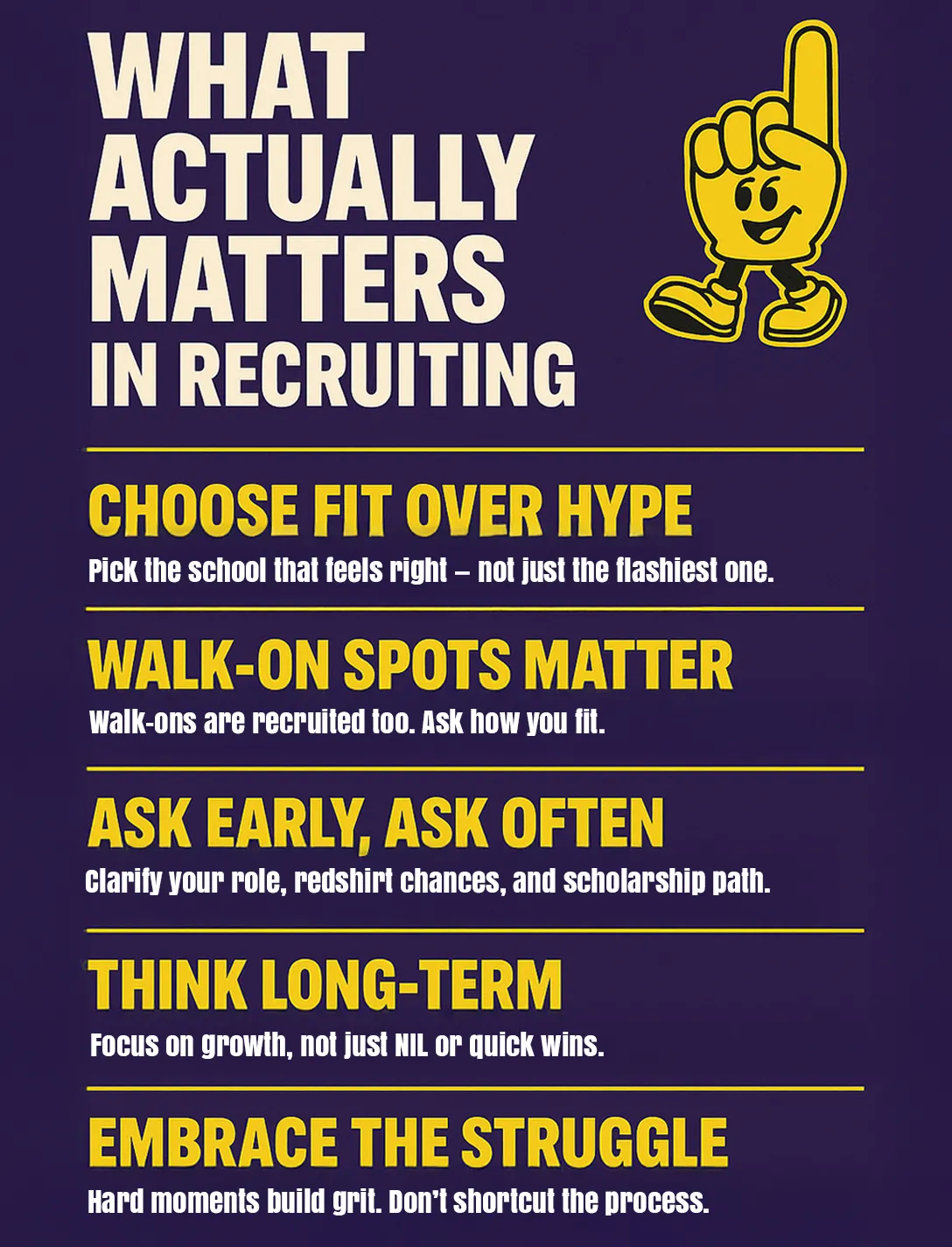 What actually matters in recruiting. Choose fit over hype: Pick the school that feels right – not just the flashiest one. Walk-on spots matter: Walk-ons are recruited too. Ask how you fit. Ask early, ask often: Clarify your role, redshirt chances, and scholarship path. Think long-term: Focus on growth, not just NIL or quick wins. Embrace the struggle: Hard moments build grit. Don’t shortcut the progress.