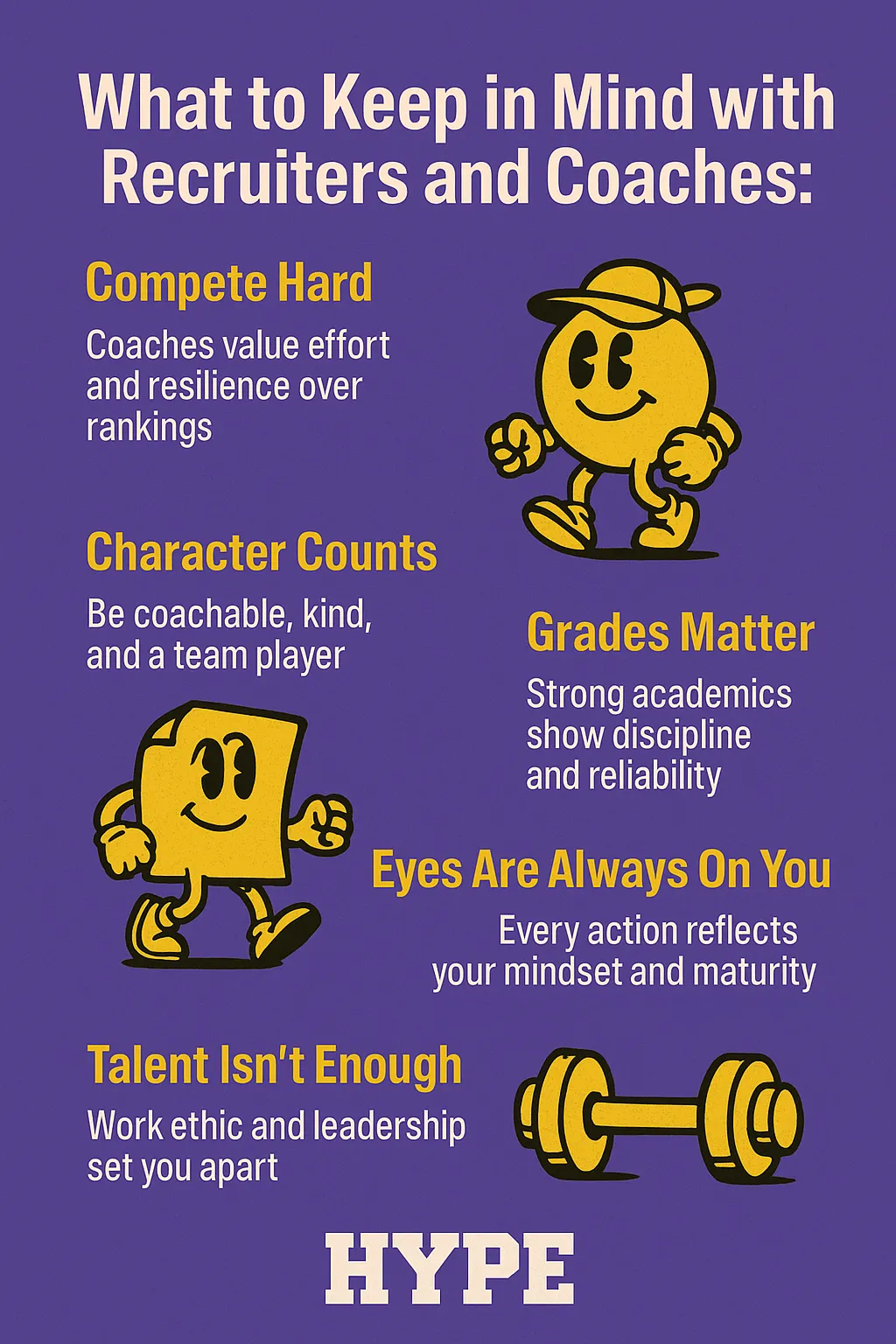 What to keep in mind with recruiters and coaches. Compete hard: coaches value effort and resilience over rankings. Character counts: Be coachable, kind, and a team player. Grades matter: Strong academics show discipline and reliability. Eyes are always on you: Every action reflects your mindset and maturity. Talent isn’t enough: Work ethic and leadership set you apart.