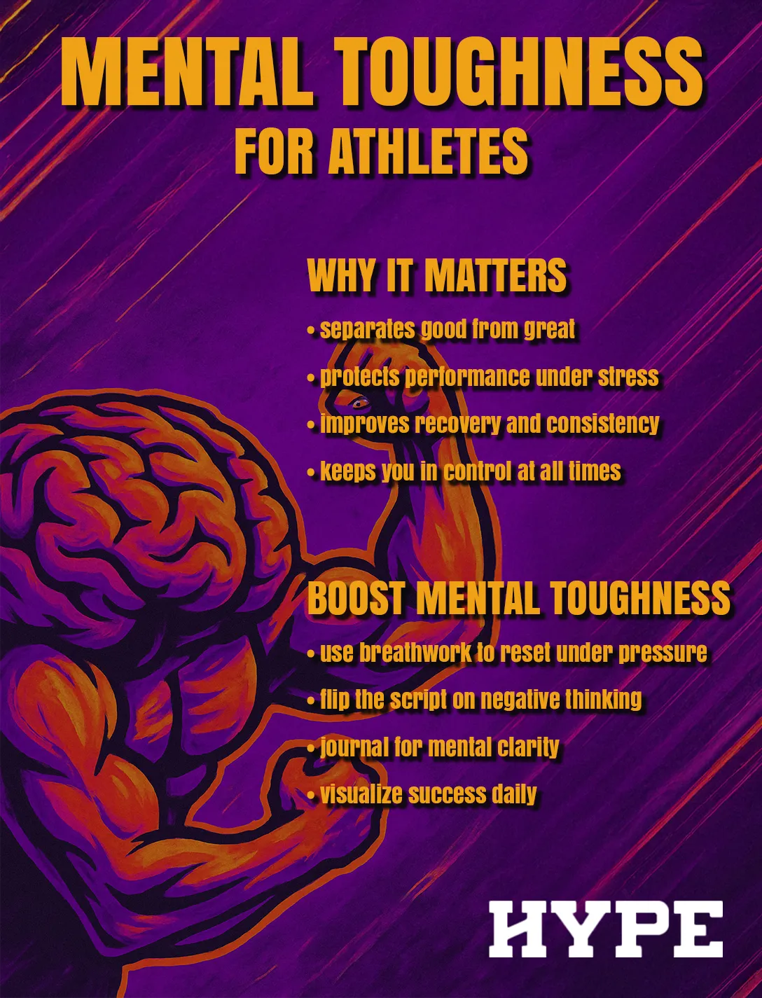 Mental toughness for athletes. Why it matters: separates good from great, protects performance under stress, improves recovery and consistency, keeps you in control at all times. Boost mental toughness: use breathwork to reset under pressure, flip the script on negative thinking, journal for mental clarity, visualize success daily.