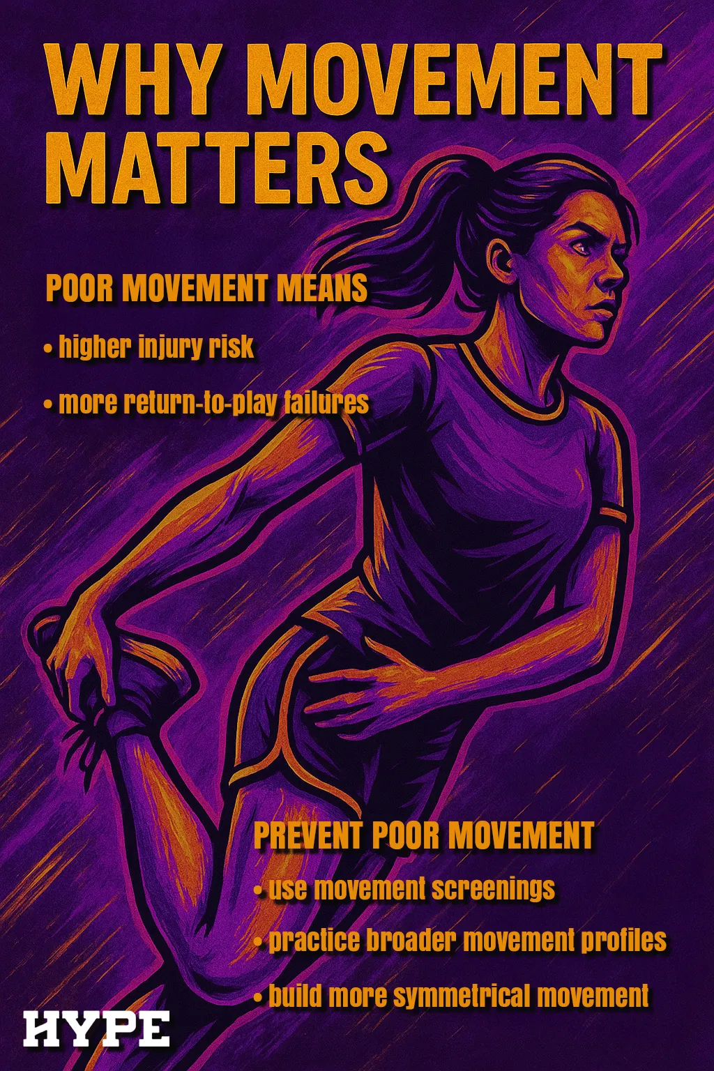 A female athlete stretches. Why movement matters. Poor movement means: higher injury risk, more return-to-play failures. Prevent poor movement: use movement screenings, practices broader movement profiles, build more symmetrical movement.