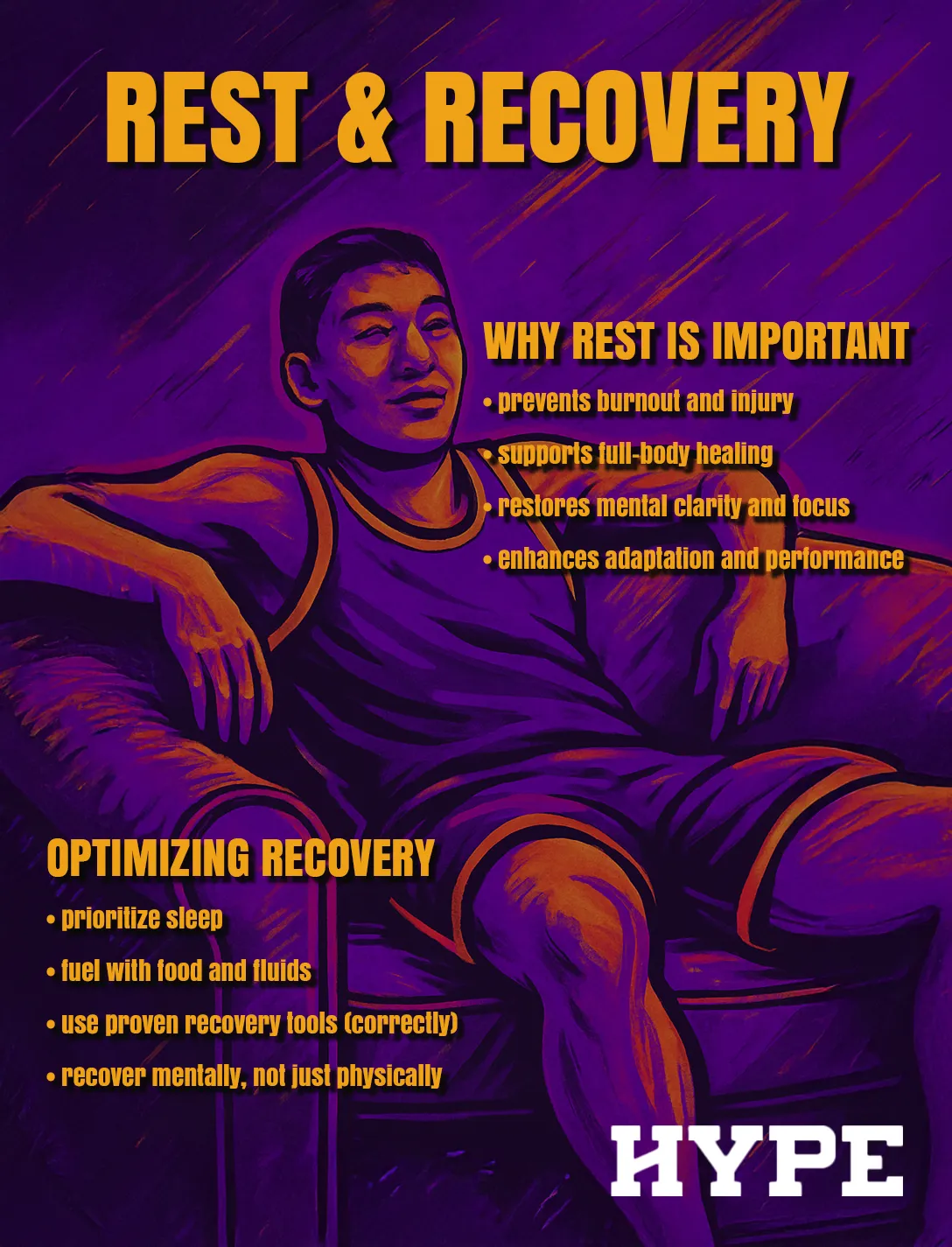 An athlete relaxes in a cozy chair. Rest and recovery. Why rest is important: prevents burnout and injury, supports full-body healing, restores mental clarity and focus, enhances adaptation and performance. Optimizing recovery: prioritize sleep, fuel with food and fluids, use proven recovery tools (correctly), recover mentally and physically.